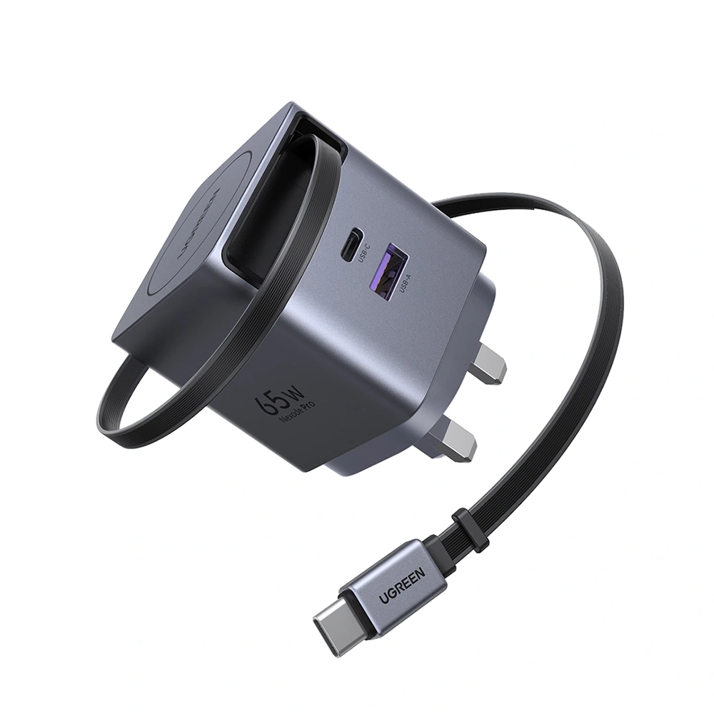 UGREEN 65W Nexode Pro GaN (USB-A*1 + Type-C*1) Fast Charger with Retractable Cable – X615