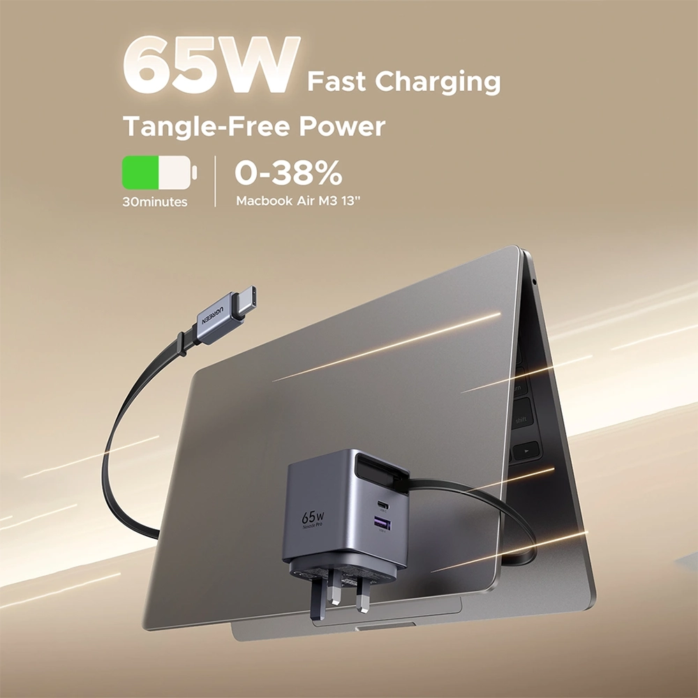 UGREEN 65W Nexode Pro GaN (USB-A*1 + Type-C*1) Fast Charger with Retractable Cable – X615 - Image 4