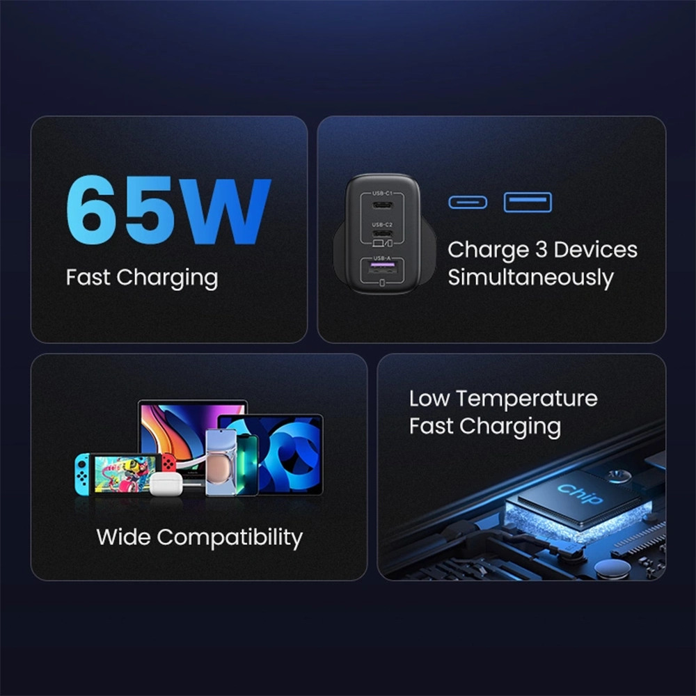 Alternative view of UGREEN 65W 3-Port (1A+2C) Fast Charger UK version – CD275