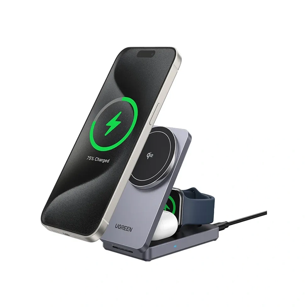 UGREEN Qi2 15W MagFlow 3-IN-1 MagSafe Charger For Watch/Airpod/Phone with 30 W Type-C Charger – W707