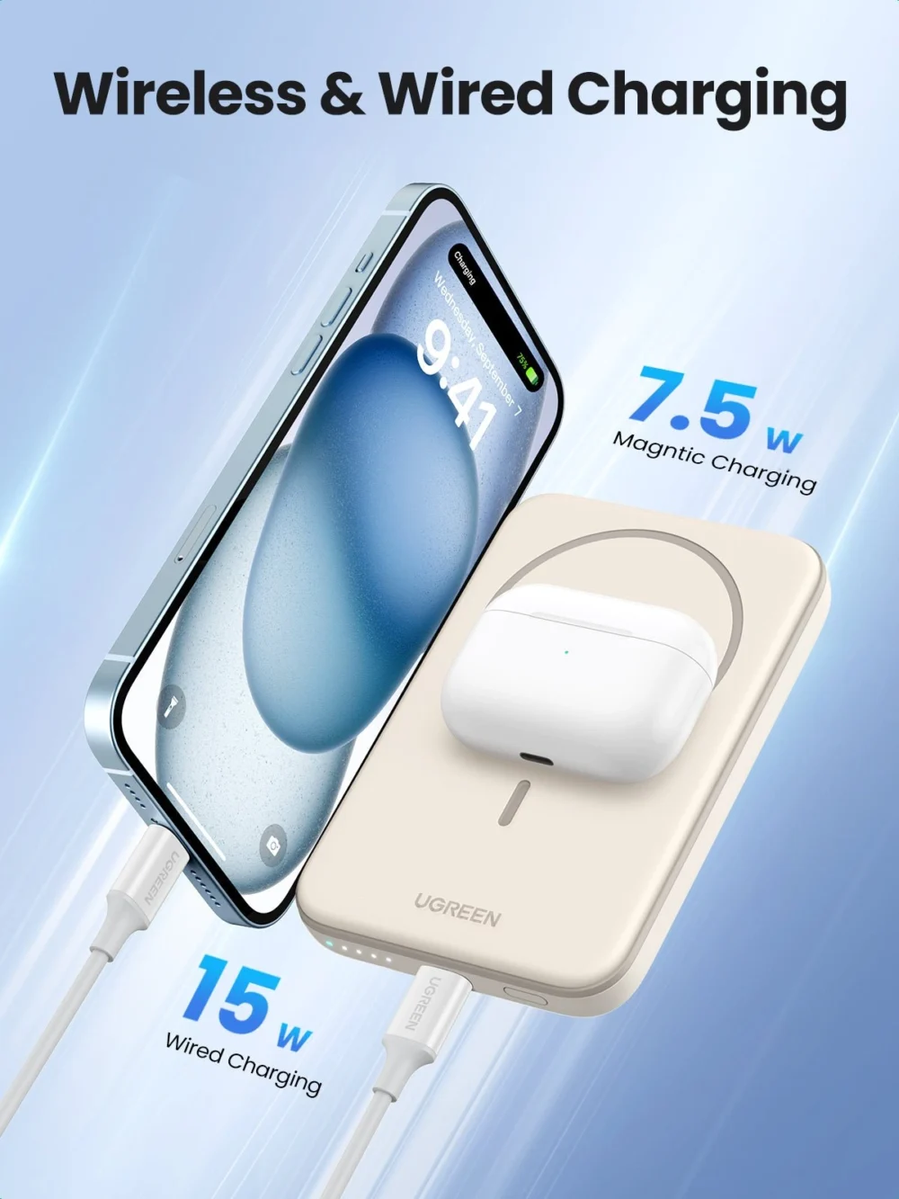 Alternative view of UGREEN 5000mAh 15W Magnetic Wireless Power Bank – Beige – PB560