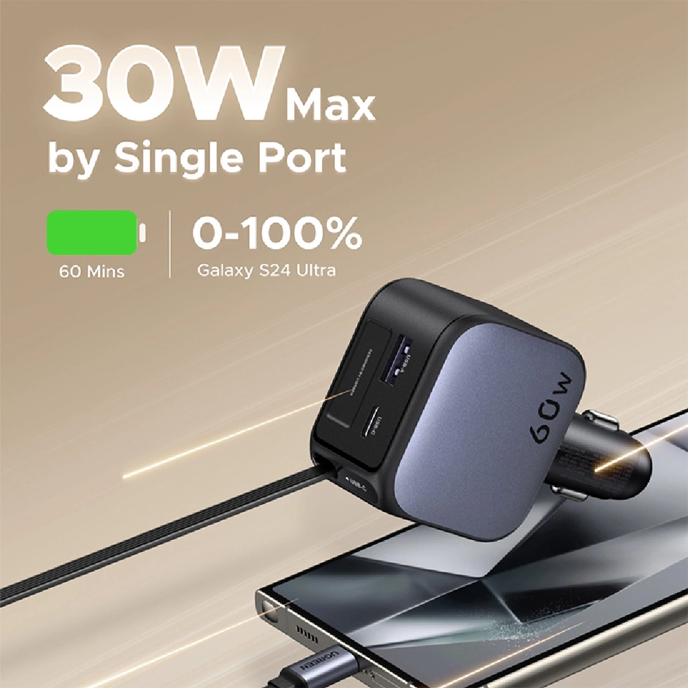 UGREEN 60W Retractable Cable With Type-C+USB Car Charger – EC602 ...