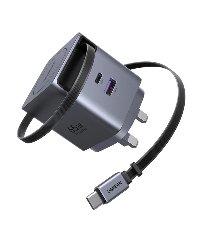 UGREEN 65W Nexode Pro GaN (USB-A*1 + Type-C*1) Fast Charger with Retractable Cable – X615