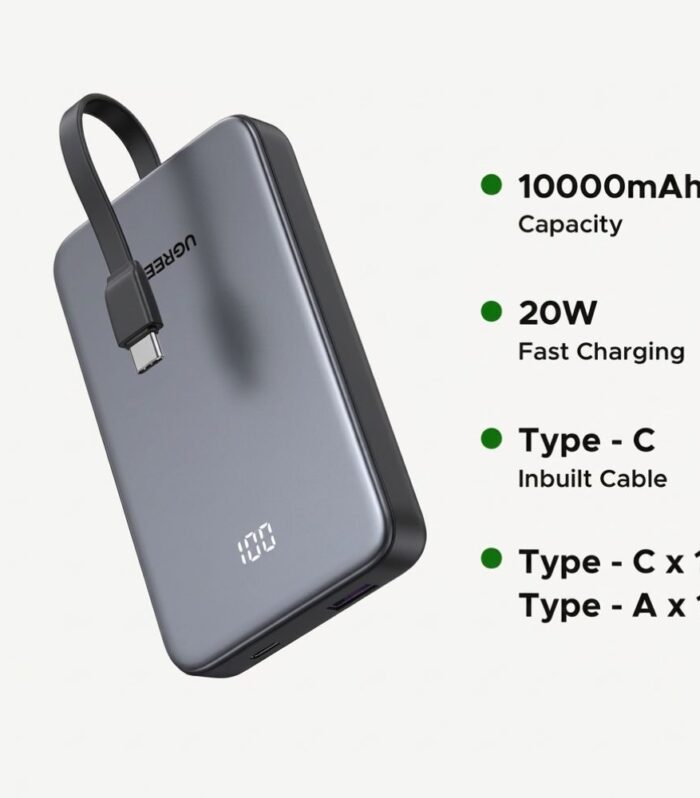 UGREEN 10000mAh 20W Power Bank with Built-in Cable- PB526